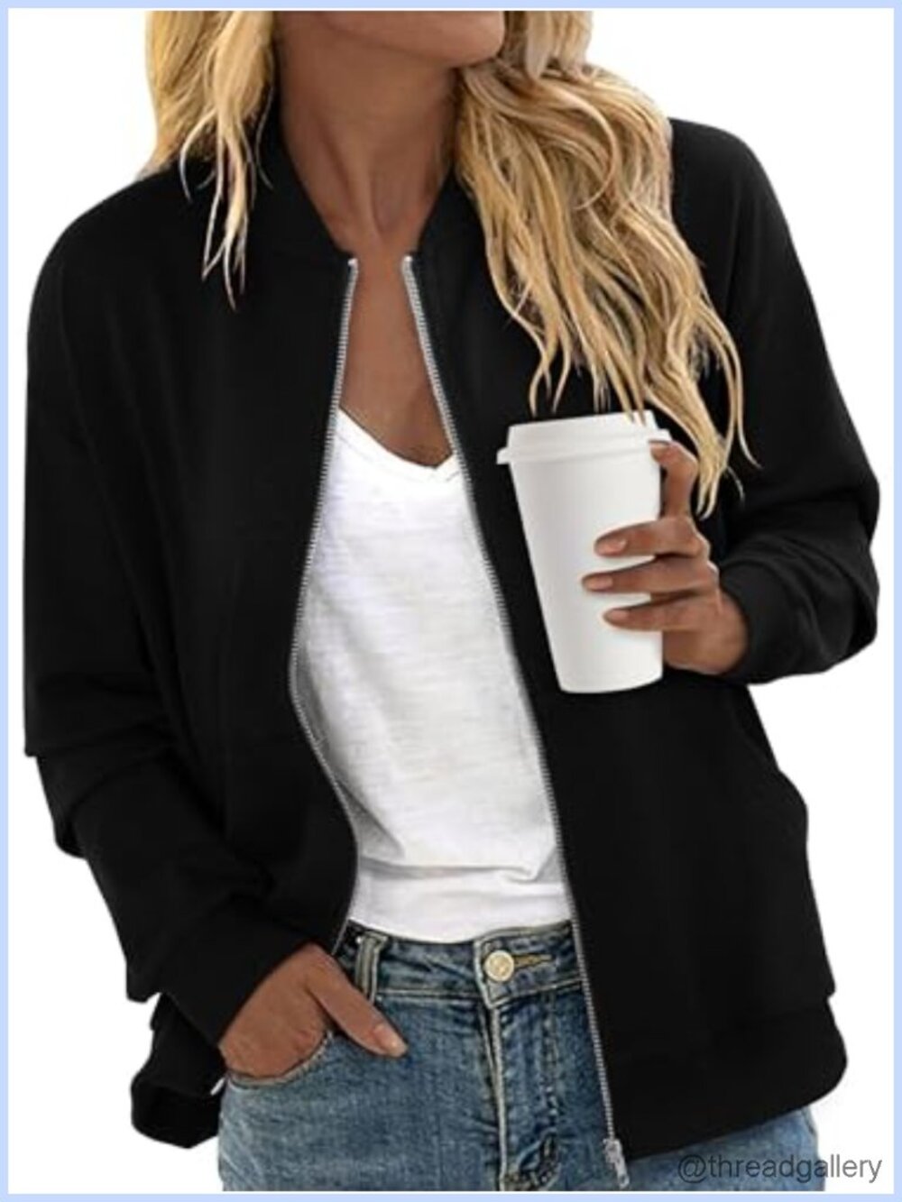 Women's Zip Up Bomber Jacket Casual Long Sleeve with Pockets